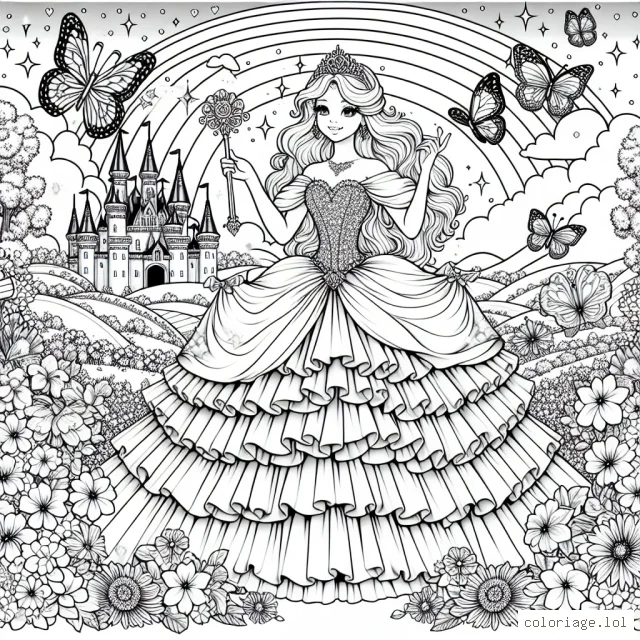 Sur une page blanche, imagine un paysage enchanteur avec une princesse couronnée attirante au centre. Elle porte une longue robe à volants et tient un sceptre royal. Autour d'elle sont des papillons colorés, des fleurs épanouies, et un arc-en-ciel vibrant dans le ciel. Dessine aussi un magnifique château en arrière-plan, se dresse derrière une série de collines. Ajoute un souffle de magie avec des étoiles scintillantes et de la poussière de fées autour de la princesse.