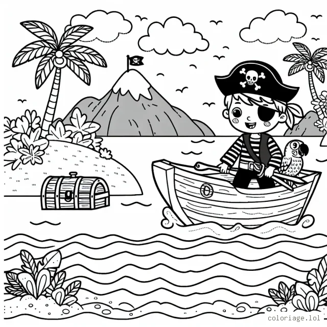 Un petit garçon pirate navigue sur un bateau en bois, en pleine mer, avec un perroquet sur son épaule. Il y a un trésor caché sur une île lointaine avec une montagne et des palmiers. Dessinez tout cela et ajoutez des couleurs vives pour rendre la scène plus vivante.