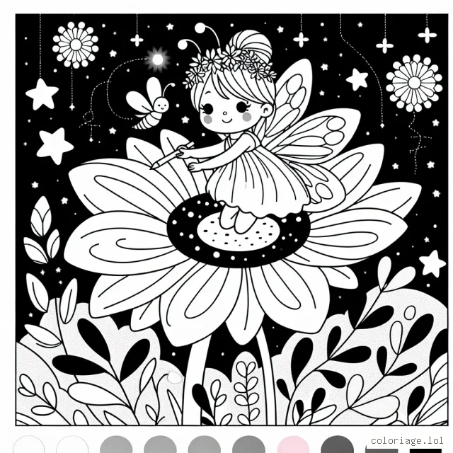 Une petite fée aux ailes de papillon est assise sur une fleur géante, tandis que des étoiles scintillantes et des lucioles illuminent le jardin féerique autour d'elle