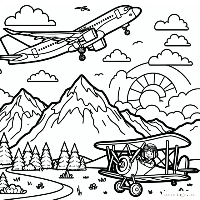 Sur cette page, vous trouverez une image d'un avion de ligne s'envolant du sommet d'une montagne, avec le soleil se couchant en arrière-plan. Il y a aussi une petite image d'un avion biplan antique survolant une prairie, avec un pilote souriant à l'intérieur.