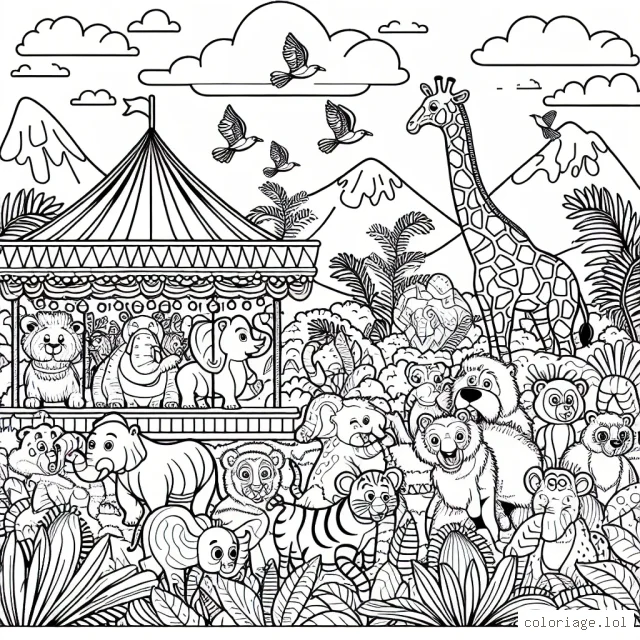 Dessins montrant différentes espèces d'animaux sauvages s'amusant à un carnaval dans la jungle.