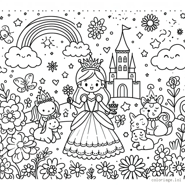 Une princesse au royaume des fleurs avec son château et des animaux magiques
