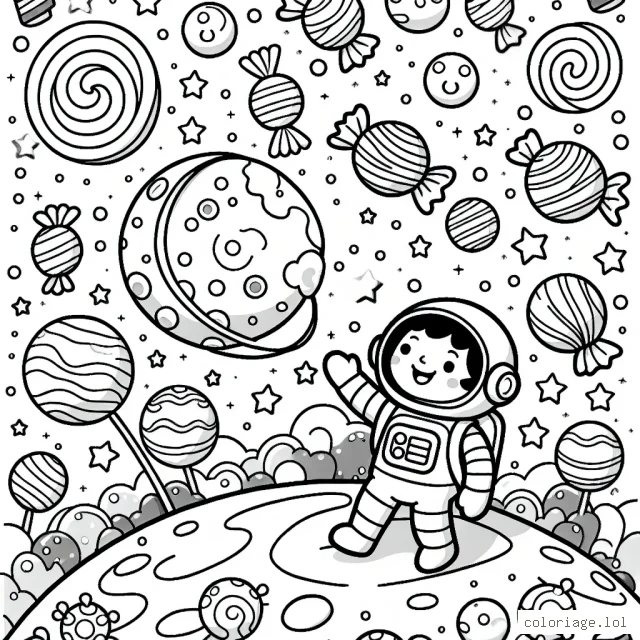 Un jeune astronaute explorant une planète de bonbons