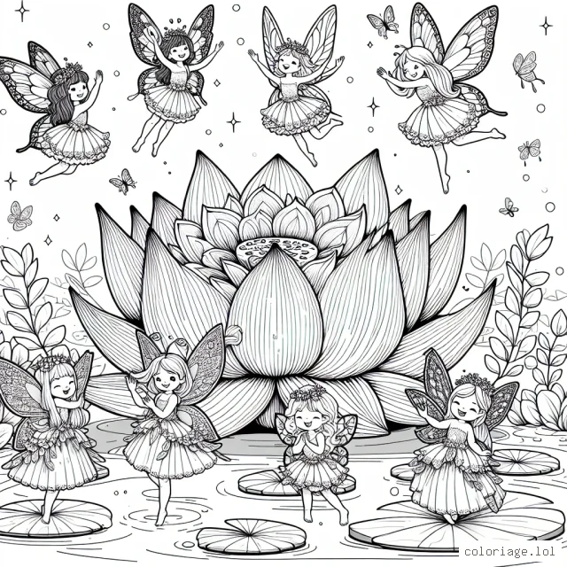 Un groupe de fées dansant joyeusement autour d'une magnifique fleur de lotus géante sur l'étang enchanté. Chaque fée a des ailes de papillon uniques et des robes de fée brillantes.