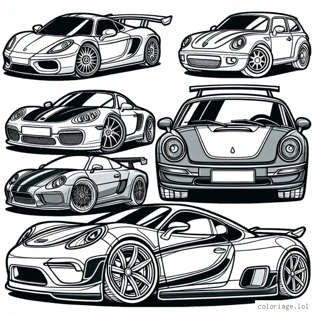 Dessine une variété de voitures par marque. Assure-toi d'inclure une Ferrari rouge vif, une BMW bleue brillante, une Mercedes argentée élégante, une Audi noire audacieuse et une Porsche jaune vif.