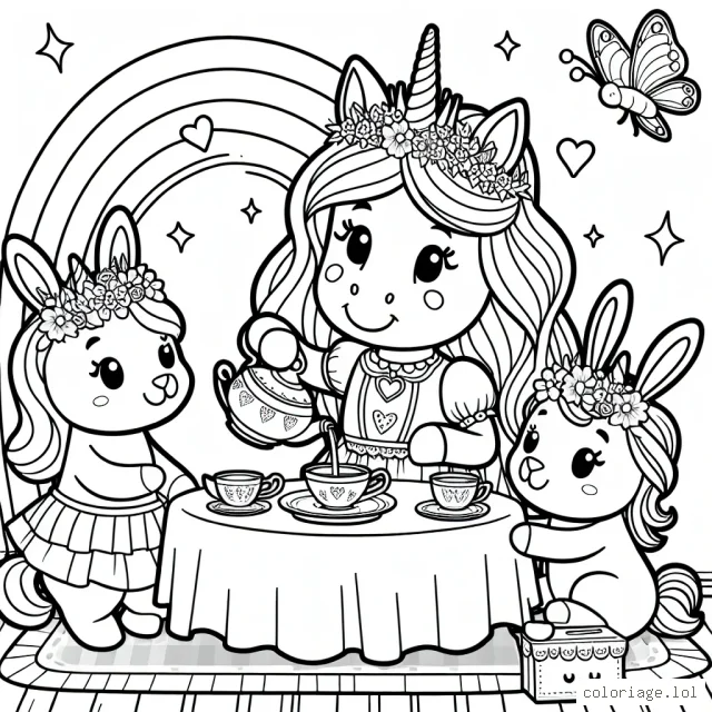 C'est l'heure du thé dans le royaume des licornes ! La princesse licorne prépare le thé pour ses amis le lapin arc-en-ciel et le papillon étincelant. Coloriez cette scène magnifique et joyeuse.