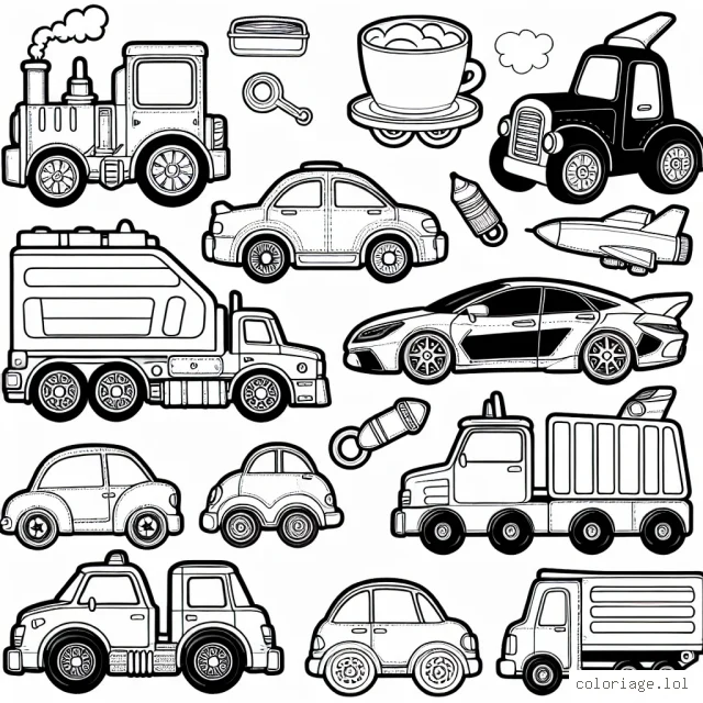 Créer un coloriage qui représente différents modèles de voitures de différentes marques.