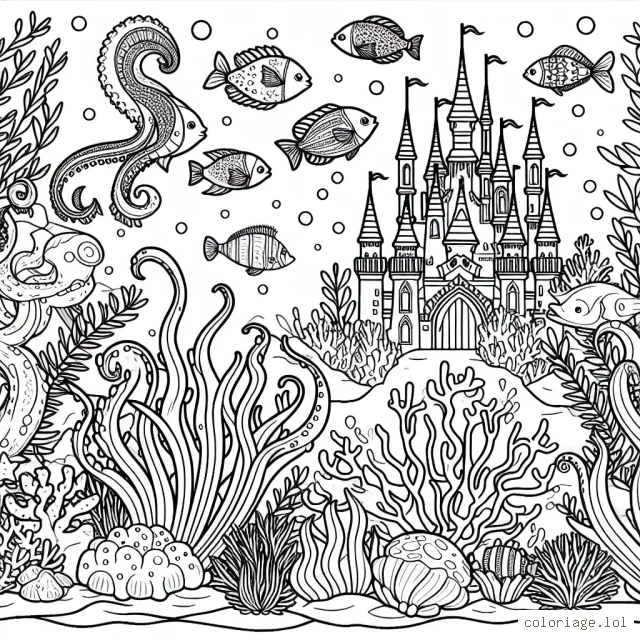 Un royaume sous-marin magique rempli de poissons exotiques, de créatures marines et de magnifiques châteaux de corail