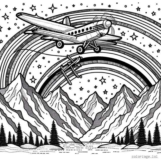 Un avion fait un vol acrobatique spectaculaire au-dessus de montagnes couvertes de neige, avec un arc-en-ciel en arrière-plan.