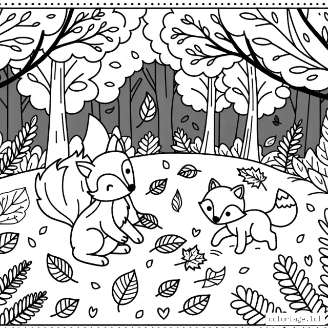 Une scène dans la forêt avec un renard qui joue avec des feuilles d'automne