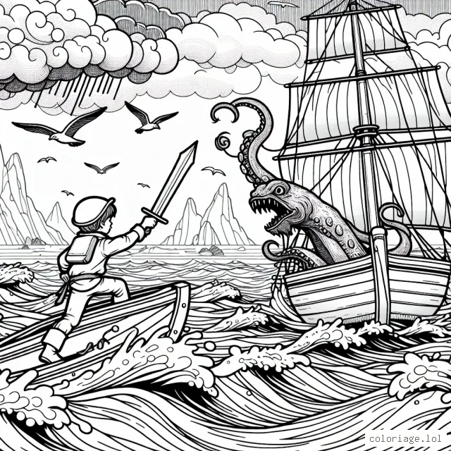 Un jeune explorateur navigue sur une mer déchaînée à bord d'un vieux voilier. Il brandit son épée contre un gigantesque kraken surgissant des profondeurs de l'océan. Le paysage marin est rempli de vagues tumultueuses, de mouettes volant haut dans le ciel et d'îles lointaines en arrière-plan.