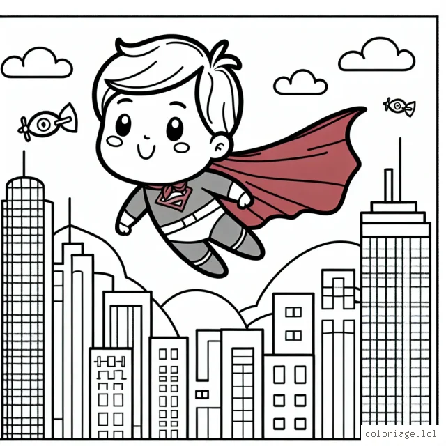 Un petit garçon super-héros volant au-dessus de sa ville avec une cape rouge