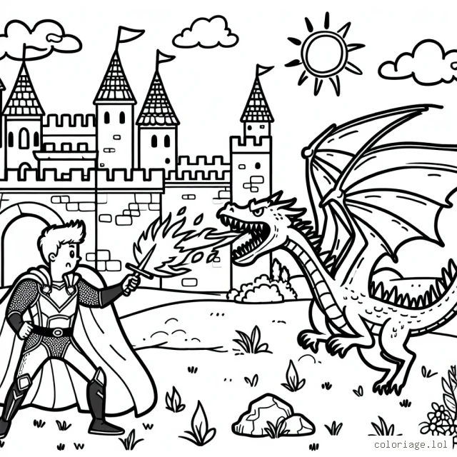 Dessine un super héros défendant une forteresse médiévale contre un dragon cracheur de feu, par une belle journée ensoleillée.