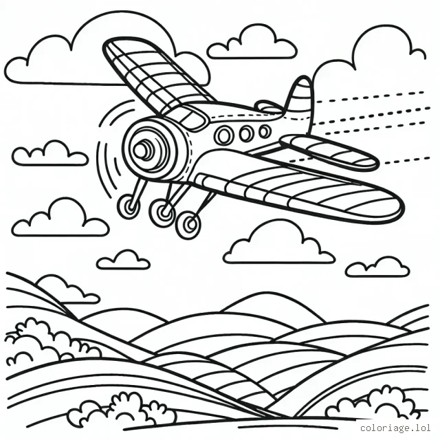 Tu vas dessiner un avion survolant un terrain vallonné avec un ciel rempli de nuages.