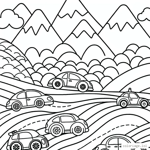 Dessine un rallye de voitures colorées zigzaguant à travers un paysage montagneux.