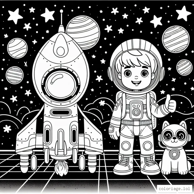 Un petit garçon courageux, habillé en astronaute, est debout près de sa fusée spatiale prête pour le lancement. Il lève son pouce en signe d'approbation avec un sourire confiant sur son visage. Il a également un petit chien robot à ses côtés. Derrière lui se trouve un vaste océan d'étoiles et de planètes dans le système solaire.