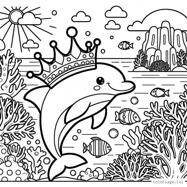 Un royaume sous-marin avec un dauphin qui porte une couronne, joue avec des poissons colorés près d'une grotte de coraux lumineux