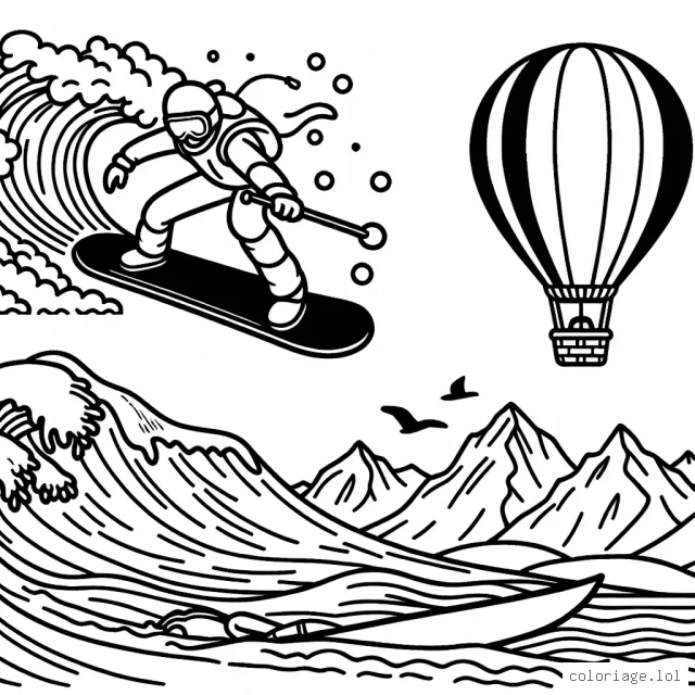 Un snowboarder audacieux dévalant une piste enneigée, une montgolfière survolant des montagnes et un surfeur capturant une vague monumentale.