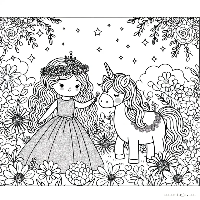 Une petite princesse aux longs cheveux bouclés, au milieu de son jardin fleuri magnifique, s'occupe de son licorne magique avec une robe de couleur pastel pailletée.