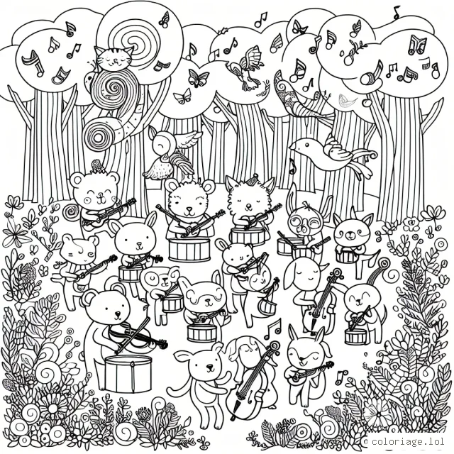 Un groupe d'animaux amusants formant un orchestre dans une forêt enchantée