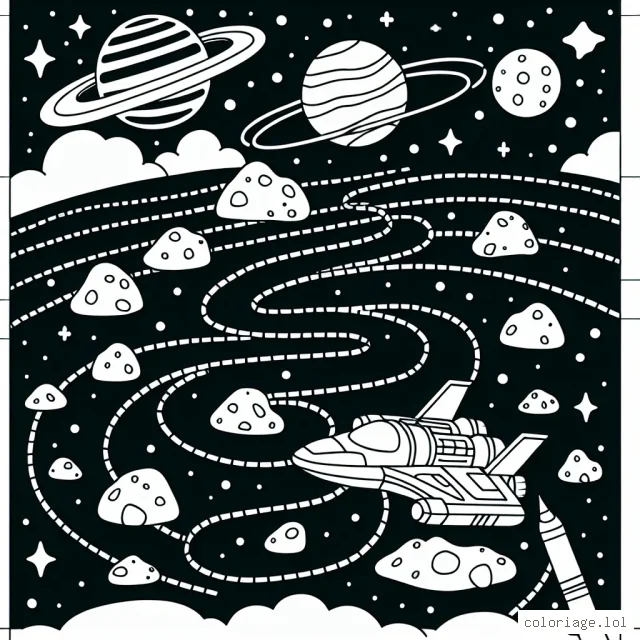 Imaginer et colorier un vaisseau spatial zigzaguant à travers un champ d'astéroïdes avec, en arrière-plan, une gigantesque planète multicolore entourée d'anneaux.