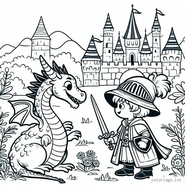 Un petit garçon chevalier affrontant un dragon avec un grand château fort en arrière-plan