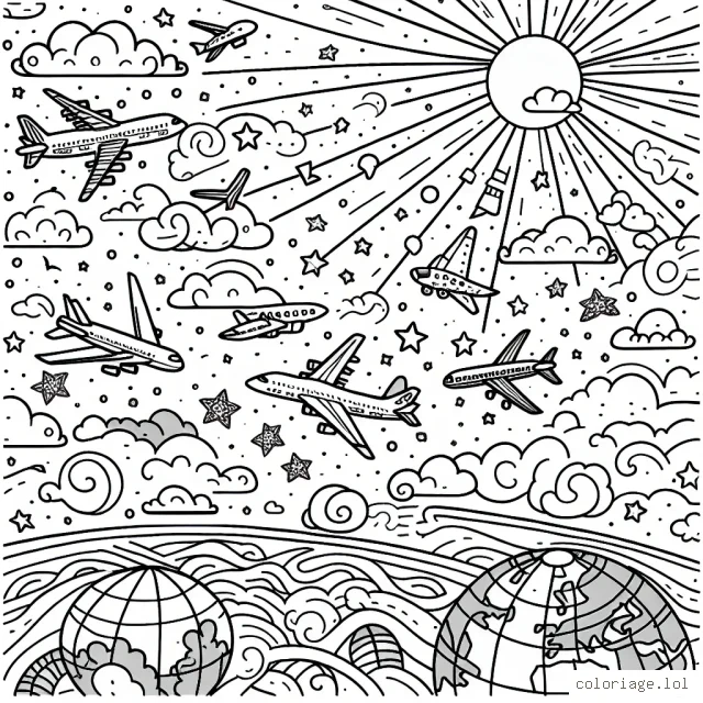 Un ciel rempli d'avions lumineux volant au-dessus de divers paysages terrestres.