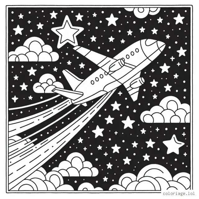 dessine un avion à réaction qui traverse le ciel étoilé
