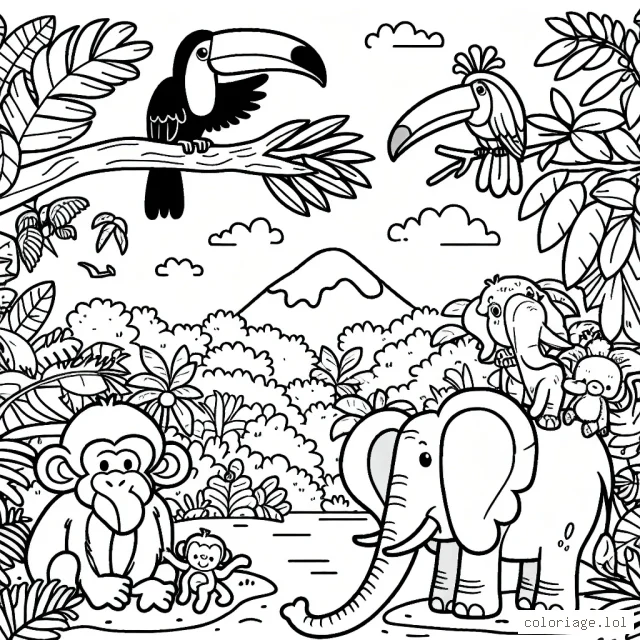 Un paysage de la jungle avec des animaux exotiques