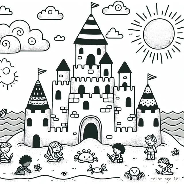 Un château de sable géant au bord de la mer avec plusieurs enfants qui jouent autour. Le soleil brille et quelques nuages décoratifs flottent dans le ciel. Il y a aussi un petit crabe qui sort de l'eau près du château.