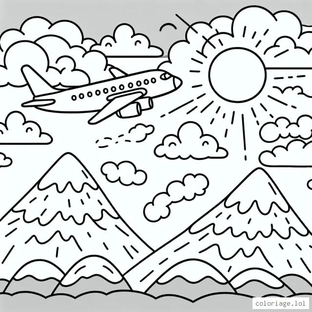 Dessine un avion volant haut dans le ciel au-dessus des montagnes avec des nuages autour de lui.