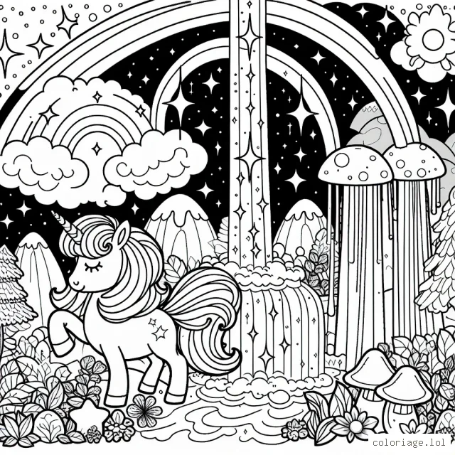 Un joli poney magique dans un monde féerique, avec un ciel étoilé, un arc-en-ciel brillant, une cascade de cristaux scintillants et de charmantes petites maisons de champignons