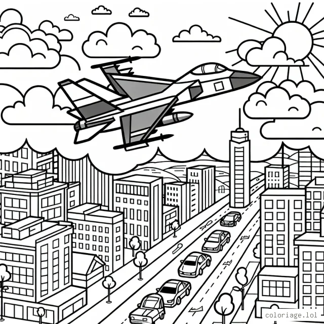 Dessine un avion de chasse en plein vol traversant des nuages au-dessus d'une ville animée.