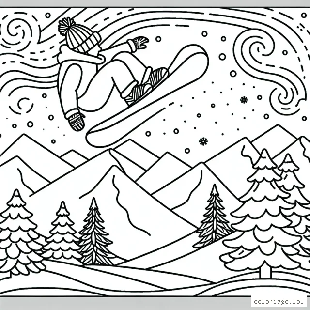 Dessine un snowboarder en plein saut périlleux sur une montagne enneigée