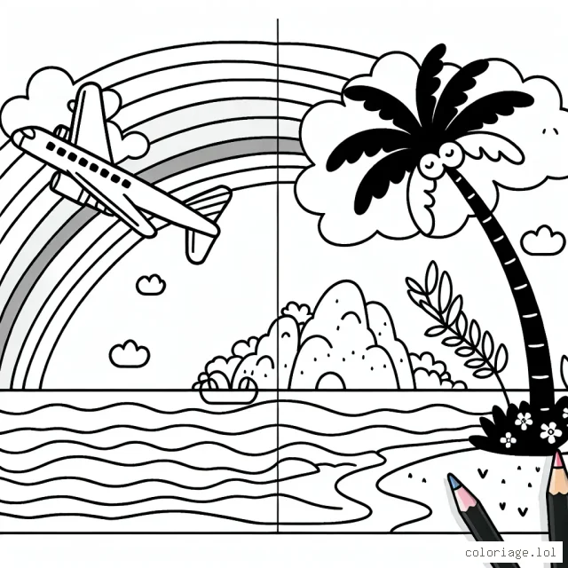 Un avion en vol au-dessus d'une île tropicale, avec un arc-en-ciel qui traverse le ciel