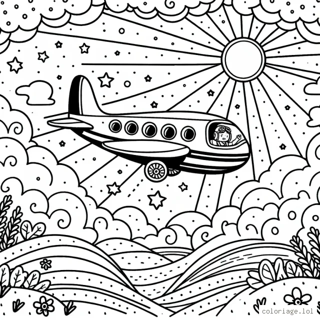 Le dessin dépeint un avion volant au milieu des nuages sous un soleil radieux. Le ciel est parsemé de belles étoiles. Dans l'avion, un pilote sourit à travers la fenêtre. Il y aussi des passagers qui regardent par les fenêtres. Sous l'avion, on peut voir des collines verdoyantes et une mer scintillante.