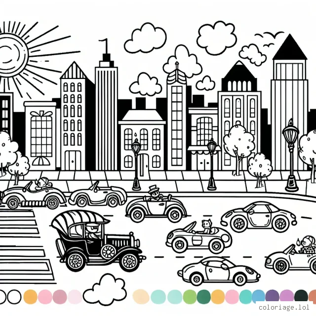 Un décor de rue ensoleillée où un cortège de voitures exotiques variées défile, a besoin de couleurs vives et joyeuses.