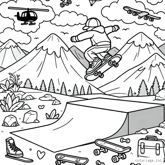 Dessinez un skateboarder en plein saut au-dessus d'une rampe, avec un fond de montagnes enneigées et du matériel de sports extrêmes parsemé dans le paysage.