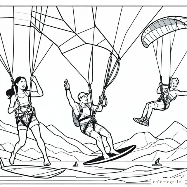 Dans cette scène animée, un athlète fait du parapente, un autre de la planche à voile et un autre du saut à l'élastique. Tu peux les colorier avec tes couleurs préférées!
