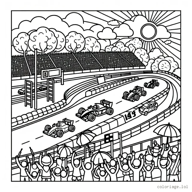 Dessine une course palpitante de voitures sur une piste animée avec des spectateurs ravis dans les gradins. N'oublie pas d'ajouter des détails comme les arbres, les panneaux de signalisation et le soleil brillant.