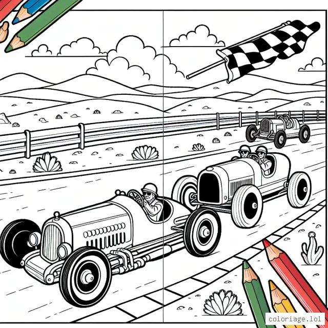 Dessine et colore une scène dynamique avec de vieilles voitures de course roulant à plein régime sur un circuit en plein milieu du désert.