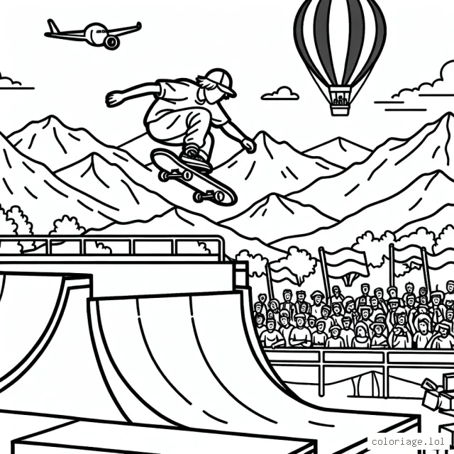 Un skateur professionnel est en plein saut au dessus d'une grande rampe, dans un parc de skate. Derrière lui, une montgolfière vole près des montagnes. En arrière plan, on voit des spectateurs clairsemés, soutenant le skateur avec des drapeaux de leurs pays respectifs.