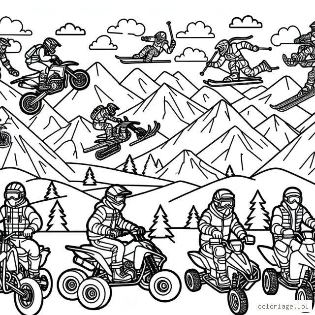 Una illustration mettant en vedette des sportifs extrêmes sur divers véhicules dans un paysage montagneux