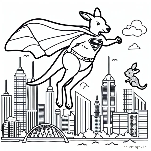 Un kangourou super héros sautant au dessus de la ville australienne avec son petit dans la poche