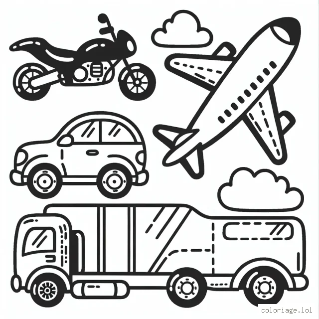 Un coloriage pour enfant de véhicules : moto, voiture, camion, avion.