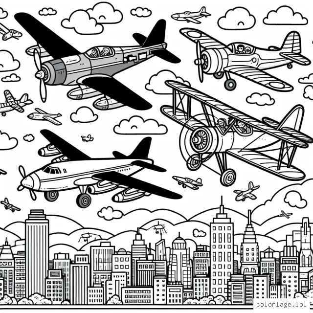 Imagines une scène aérienne avec différents types d'avions survolant une métropole. Fais voler dans le ciel, in avion de chasse, un avion commercial et un vieux biplan. Assure-toi d'ajouter des détails comme les ailerons, les hélices et les pilotes dans leurs cockpits. N'oublie pas d'inclure dans ta scène les immeubles de la ville au sol pour donner l'échelle.