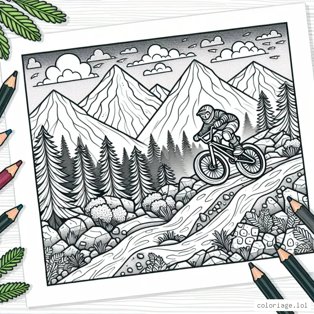 Imaginons un parcours de vélo extrême dans la montagne, décris de manière détaillée : c'est un vélo BMX sur un sentier rocheux, avec des bosses, des courbes serrées et des sauts périlleux. Dans le décor, il y a des montagnes, des pins et un ciel parsemé de nuages.