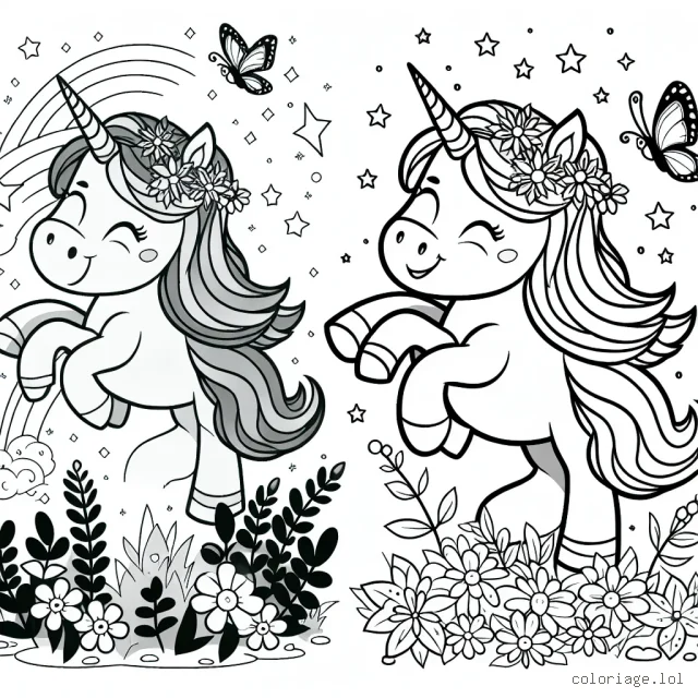 Une licorne magique joue avec ses amis les papillons dans un jardin féerique