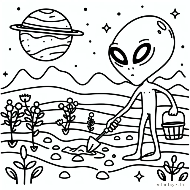 Dessine un extraterrestre amusant qui jardine sur sa planète mystérieuse