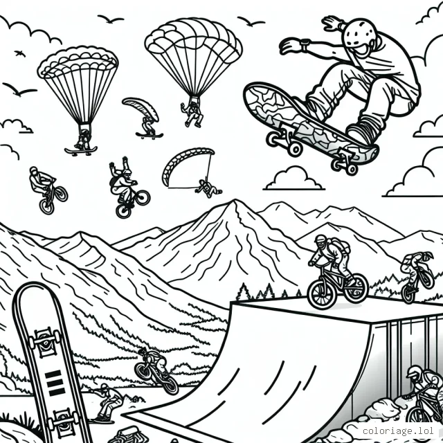 Une vue aérienne d'un skateboarder en plein saut au-dessus d'une demi-rampe. En arrière-plan, une montagne avec des snowboardeurs dévalant la pente et des bmx riders effectuant des tricks sur le sentier de montagne. Dans le ciel, des parachutistes et des parapentistes flottant dans le ciel.